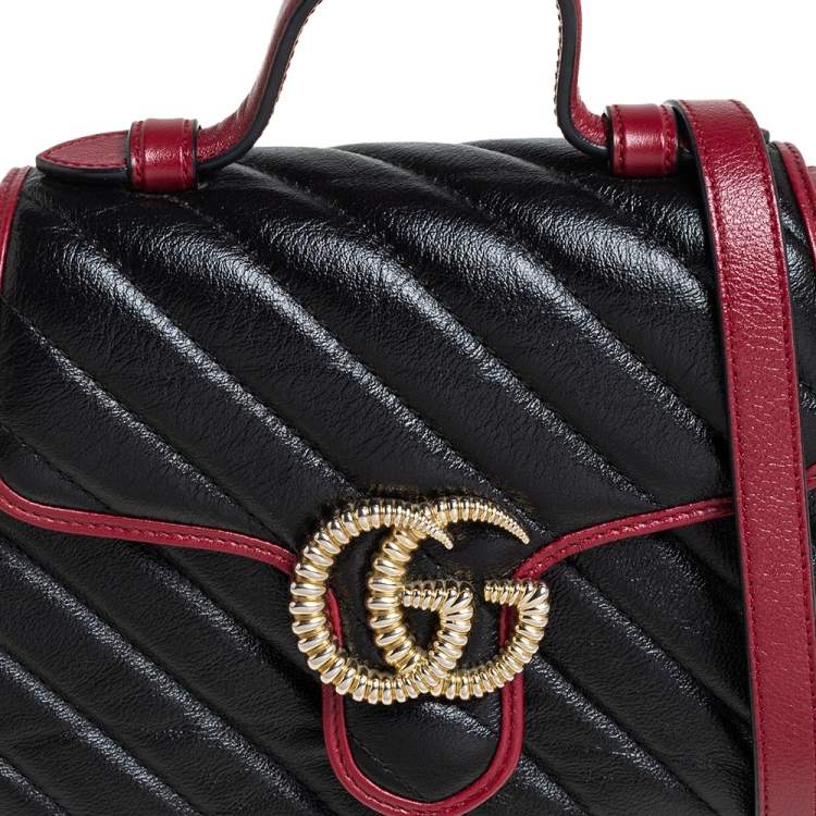 Pre Owned Gucci Black Diagonal Quilt Leather Mini GG Marmont Top Handle Bag