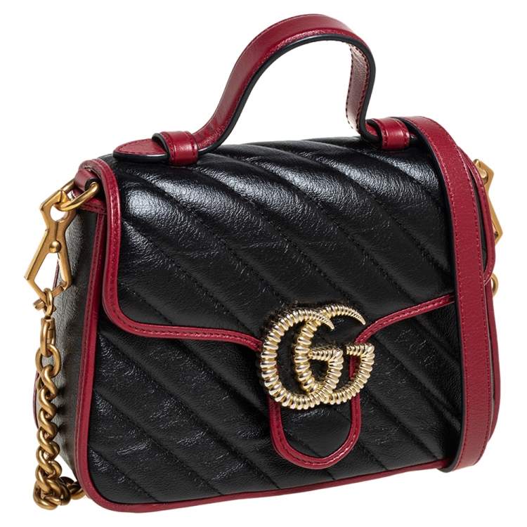 Pre Owned Gucci Black Diagonal Quilt Leather Mini GG Marmont Top Handle Bag