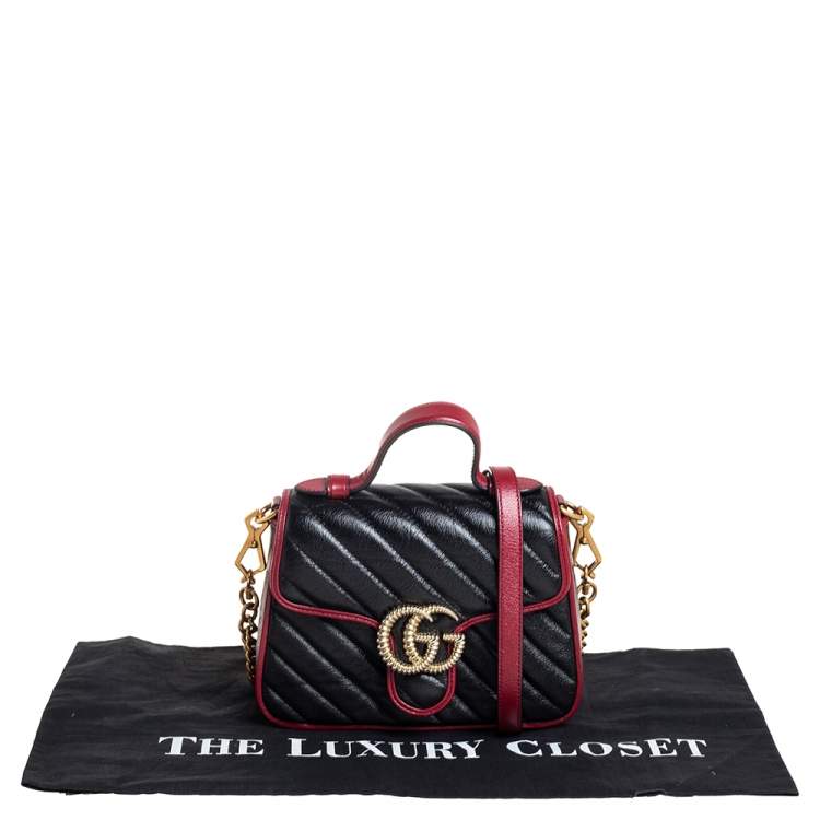 Pre Owned Gucci Black Diagonal Quilt Leather Mini GG Marmont Top Handle Bag