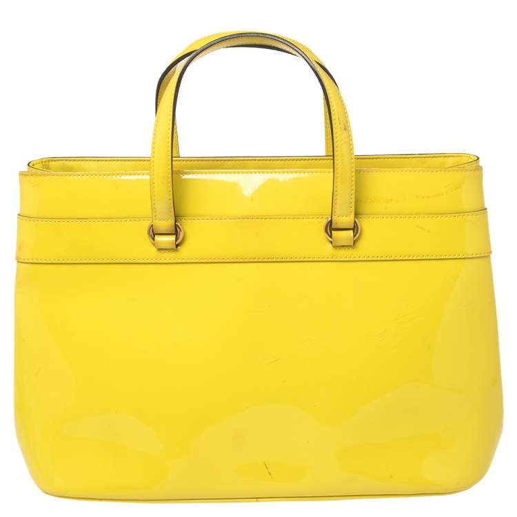 Pre Owned Gucci Yellow Patent Leather Medium Bright Bit Tote