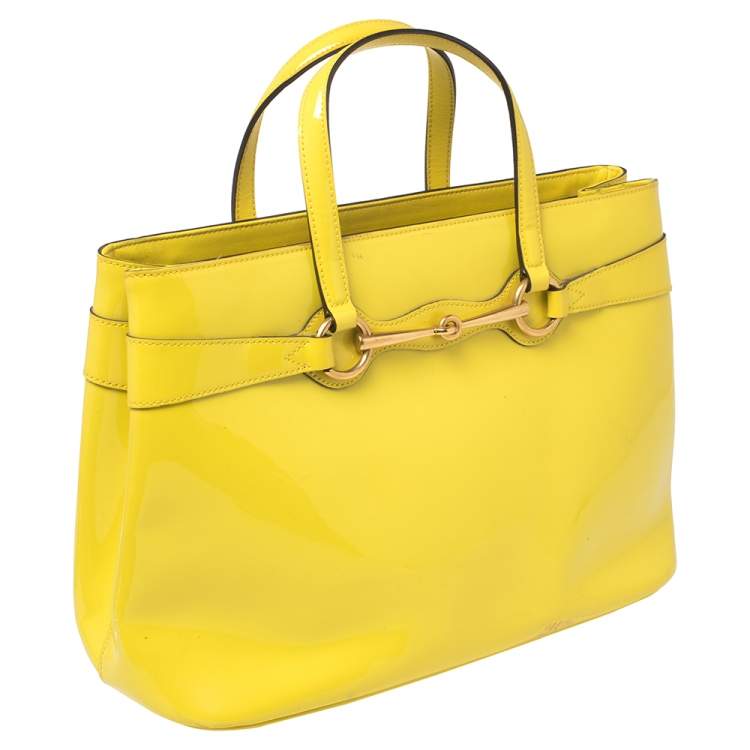 Pre Owned Gucci Yellow Patent Leather Medium Bright Bit Tote