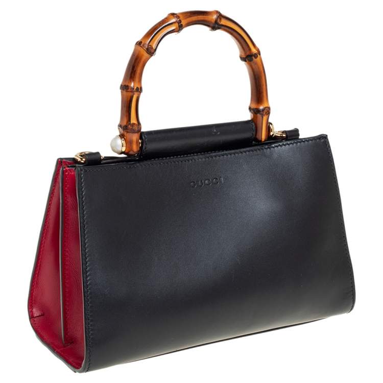 Pre Owned Gucci Black Smooth Leather Mini Nymphaea Bamboo Top Handle Bag