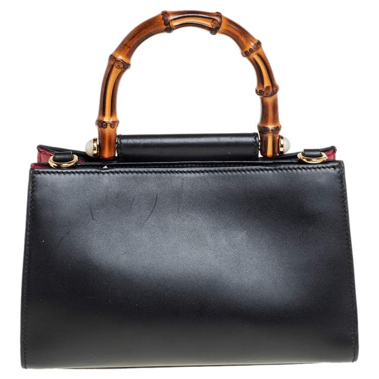 Pre Owned Gucci Black Smooth Leather Mini Nymphaea Bamboo Top Handle Bag