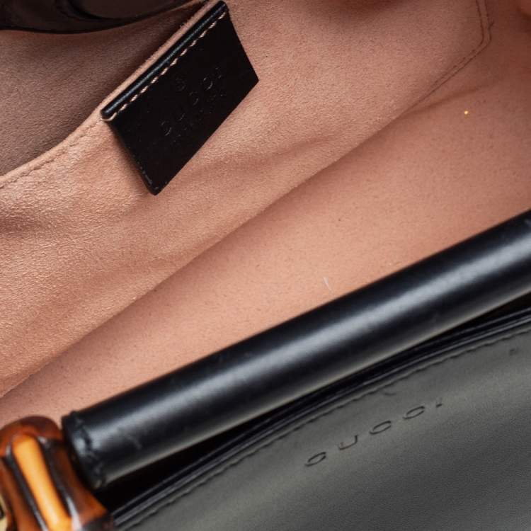Pre Owned Gucci Black Smooth Leather Mini Nymphaea Bamboo Top Handle Bag