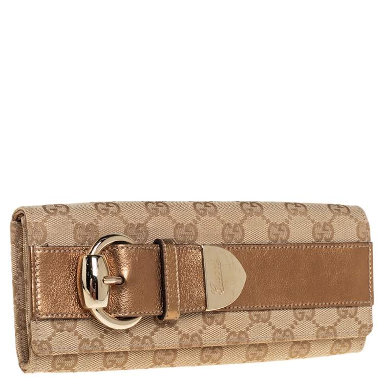 Pre Owned Gucci Beige/Gold GG Canvas and Leather Continental Wallet