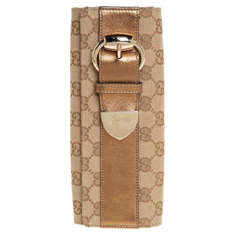 Pre Owned Gucci Beige/Gold GG Canvas and Leather Continental Wallet