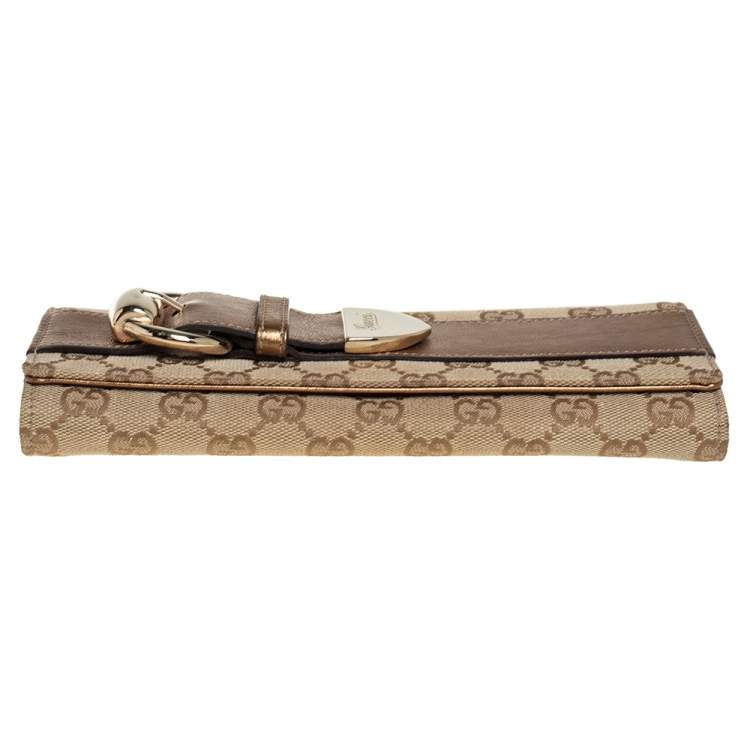 Pre Owned Gucci Beige/Gold GG Canvas and Leather Continental Wallet