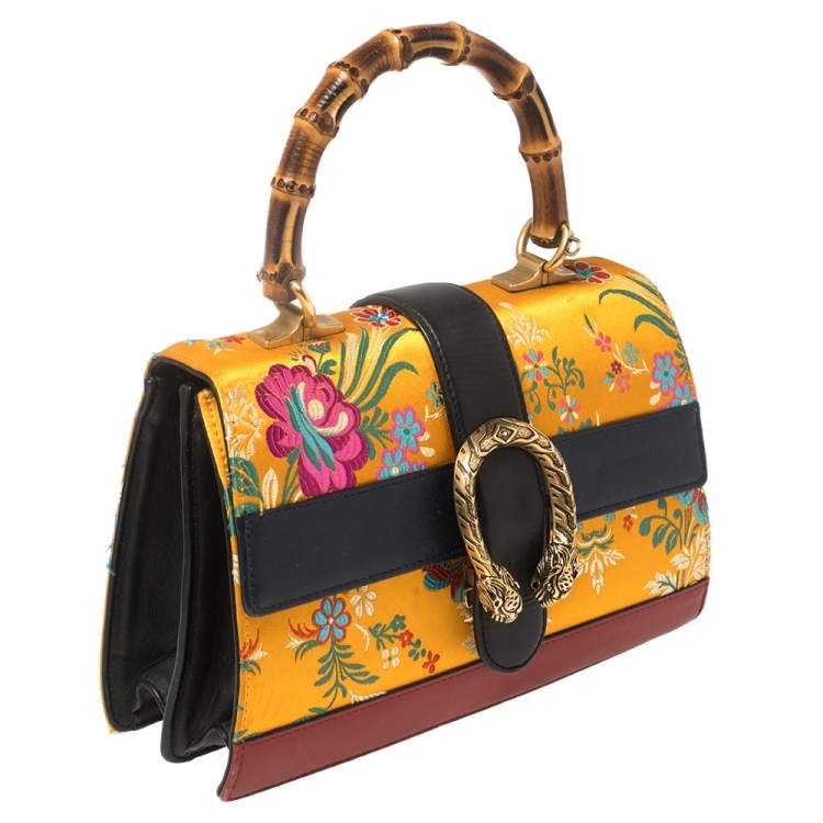 Pre Owned Gucci Multicolor Tokyo Embroidered Satin and Leather Medium Dionysus Bamboo Top Handle Bag