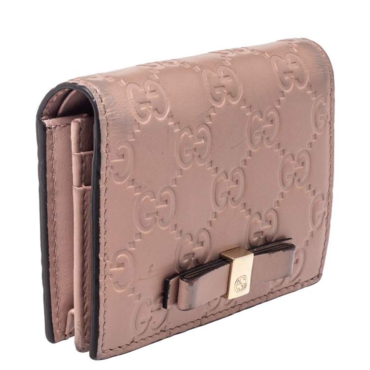 Pre Owned Gucci Pink Guccissima Leather Bow Card Case