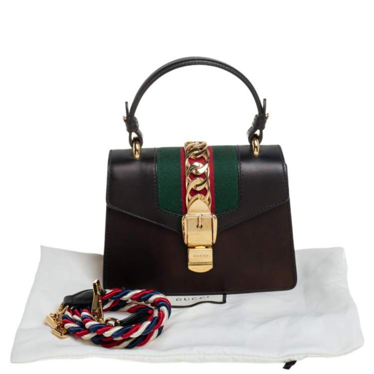 Pre Owned Gucci Black Leather Mini Web Sylvie Top Handle Bag