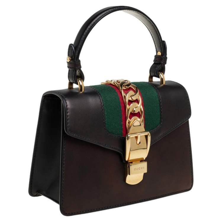 Pre Owned Gucci Black Leather Mini Web Sylvie Top Handle Bag