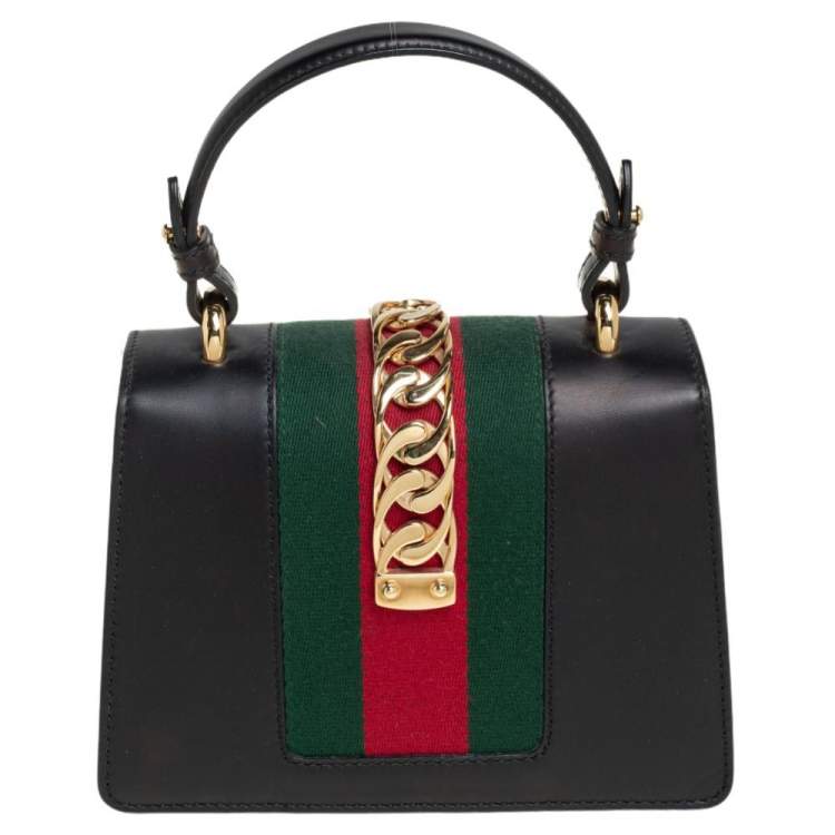 Pre Owned Gucci Black Leather Mini Web Sylvie Top Handle Bag
