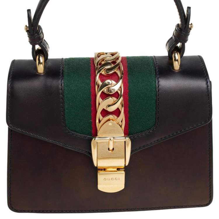 Pre Owned Gucci Black Leather Mini Web Sylvie Top Handle Bag