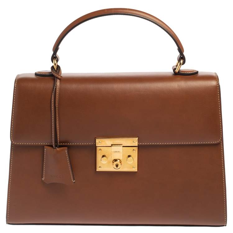 Pre Owned Gucci Brown Leather Medium Padlock Top Handle Bag