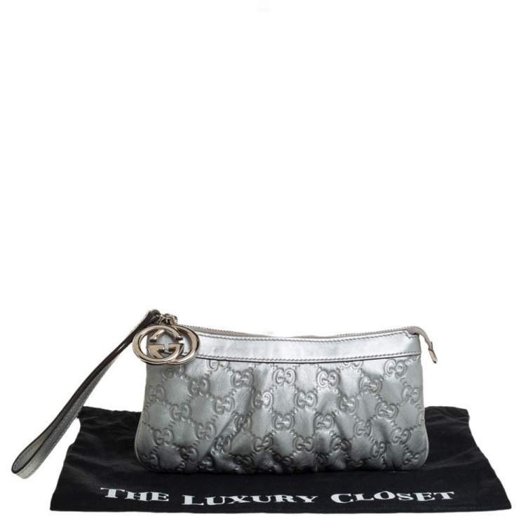 Pre Owned Gucci Grey Guccissima Leather Wristlet Pochette