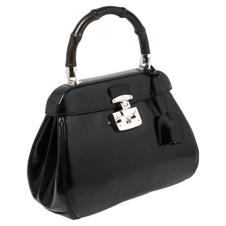 Pre Owned Gucci Black Glossy Leather Medium Lady Lock Top Handle Bag
