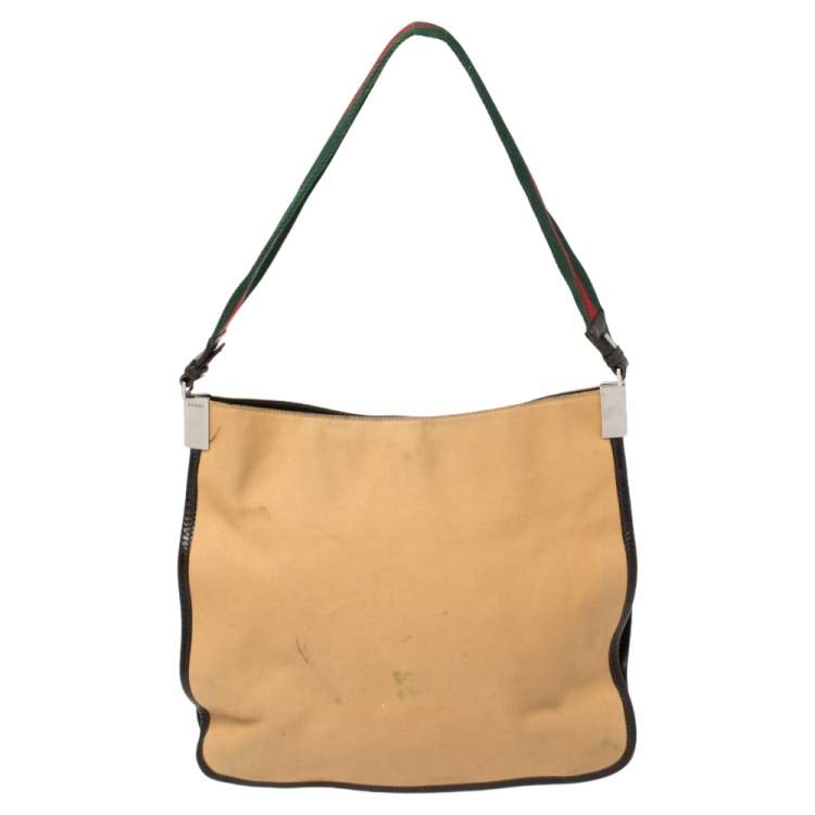 Pre Owned Gucci Khaki Brown Canvas and Leather Trim Web Detail Hobo