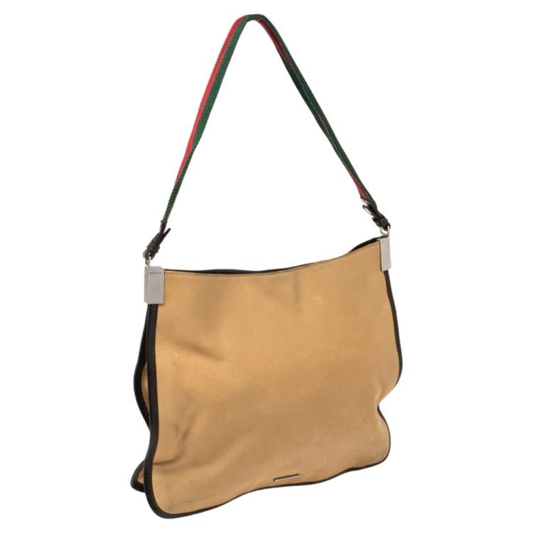 Pre Owned Gucci Khaki Brown Canvas and Leather Trim Web Detail Hobo