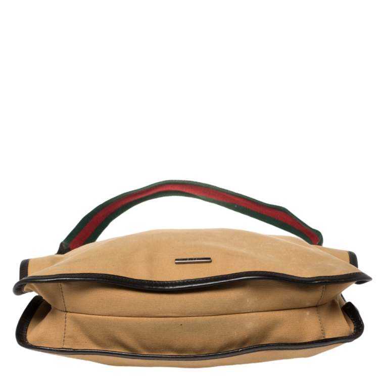 Pre Owned Gucci Khaki Brown Canvas and Leather Trim Web Detail Hobo