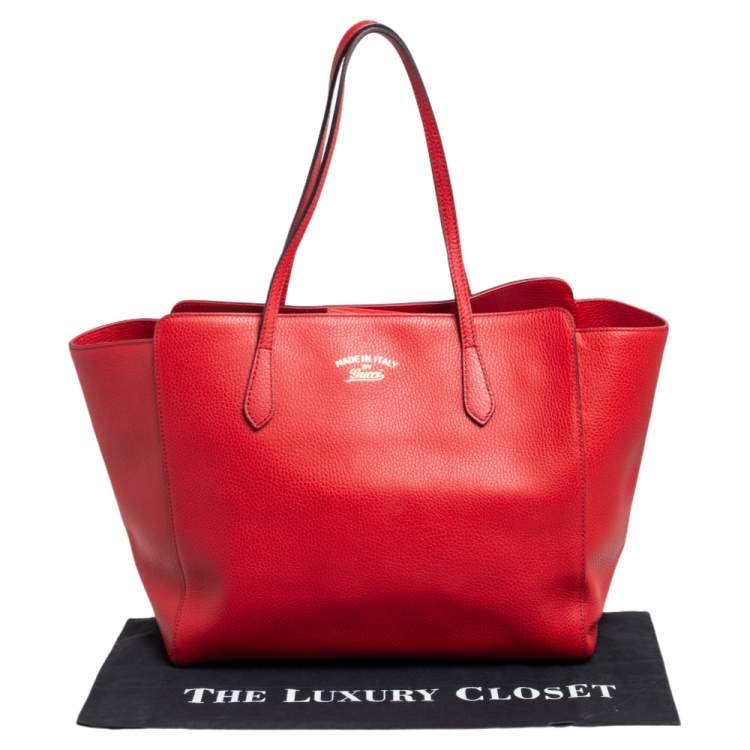 Pre Owned Gucci Red Leather Large Swing Shopper Tote