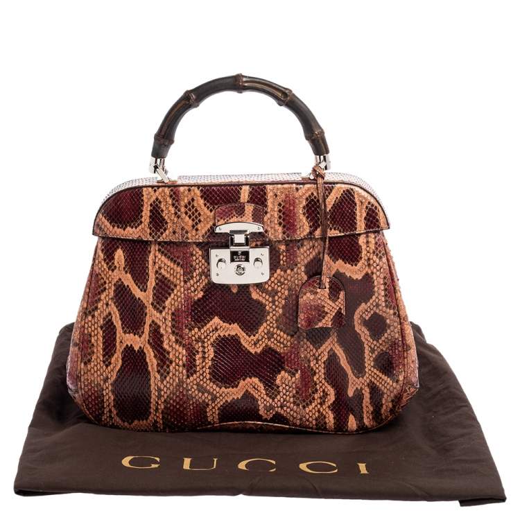 Pre Owned Gucci Burgundy/Pink Python Lady Lock Bamboo Large Top Handle Bag