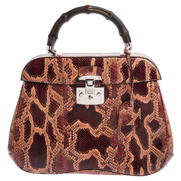 Pre Owned Gucci Burgundy/Pink Python Lady Lock Bamboo Large Top Handle Bag