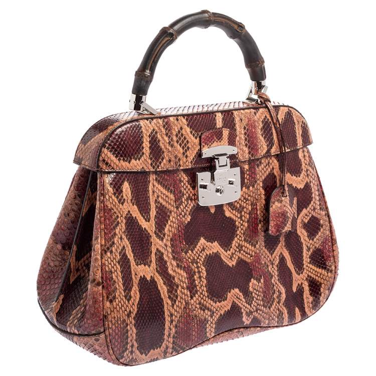 Pre Owned Gucci Burgundy/Pink Python Lady Lock Bamboo Large Top Handle Bag
