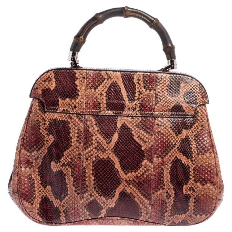 Pre Owned Gucci Burgundy/Pink Python Lady Lock Bamboo Large Top Handle Bag