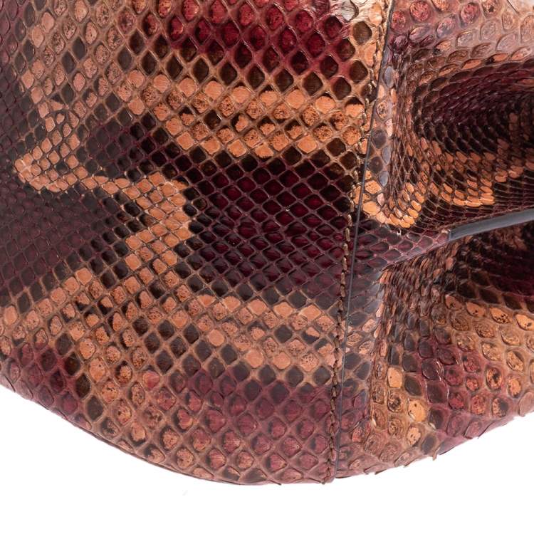 Pre Owned Gucci Burgundy/Pink Python Lady Lock Bamboo Large Top Handle Bag