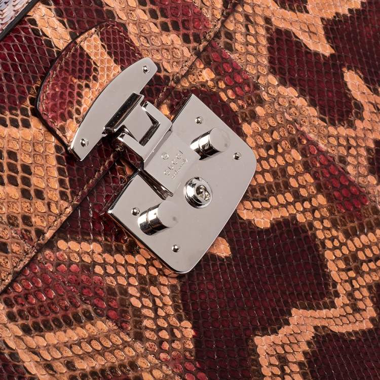 Pre Owned Gucci Burgundy/Pink Python Lady Lock Bamboo Large Top Handle Bag