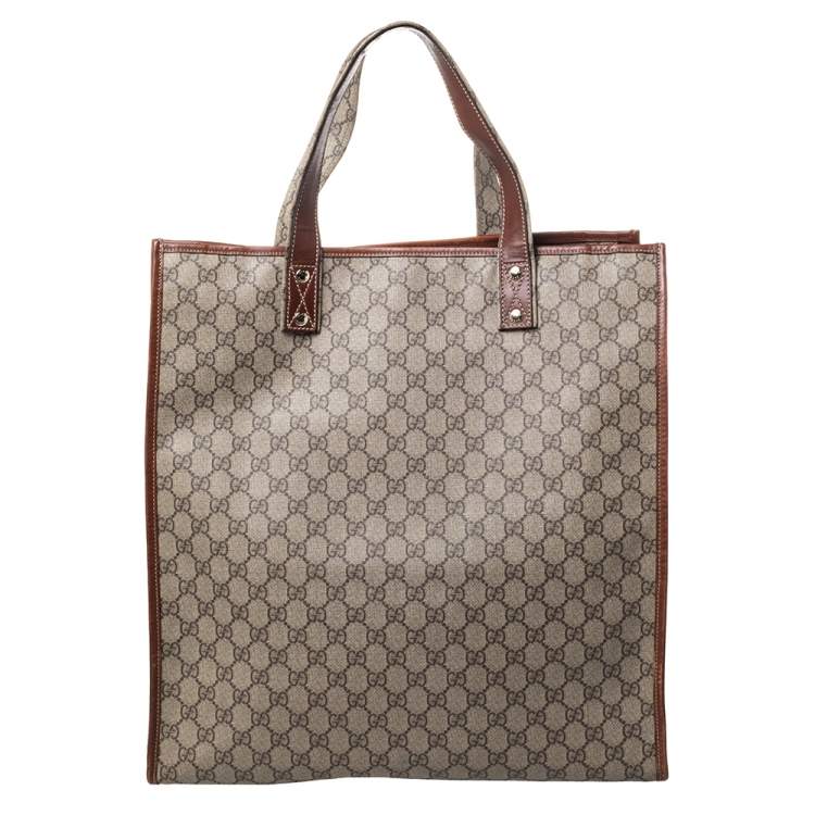 Pre Owned Gucci Beige/Brown GG Supreme Canvas Vertical Web Loop Shopper Tote