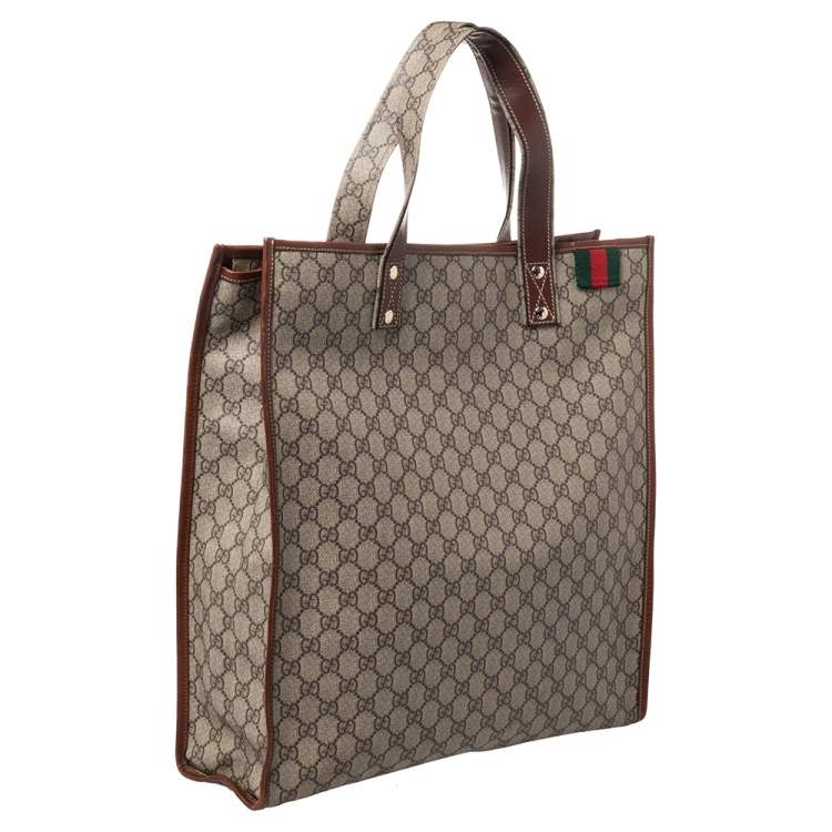 Pre Owned Gucci Beige/Brown GG Supreme Canvas Vertical Web Loop Shopper Tote