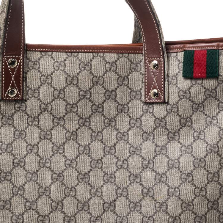 Pre Owned Gucci Beige/Brown GG Supreme Canvas Vertical Web Loop Shopper Tote