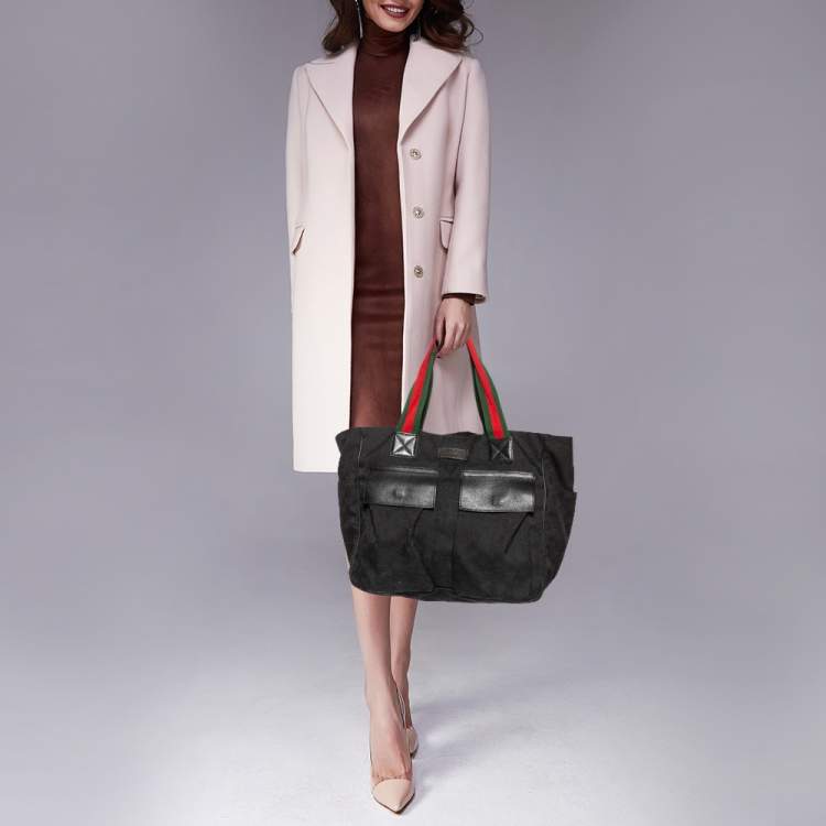 Pre Owned Gucci Black GG Canvas Double Pocket Web Handle Tote