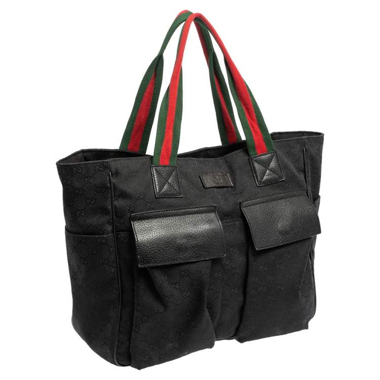 Pre Owned Gucci Black GG Canvas Double Pocket Web Handle Tote