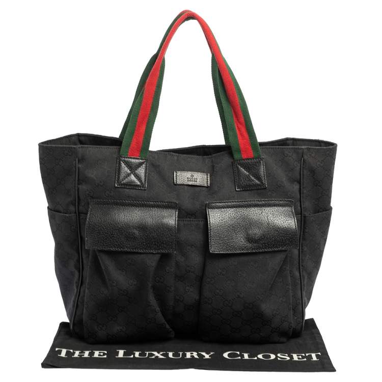 Pre Owned Gucci Black GG Canvas Double Pocket Web Handle Tote