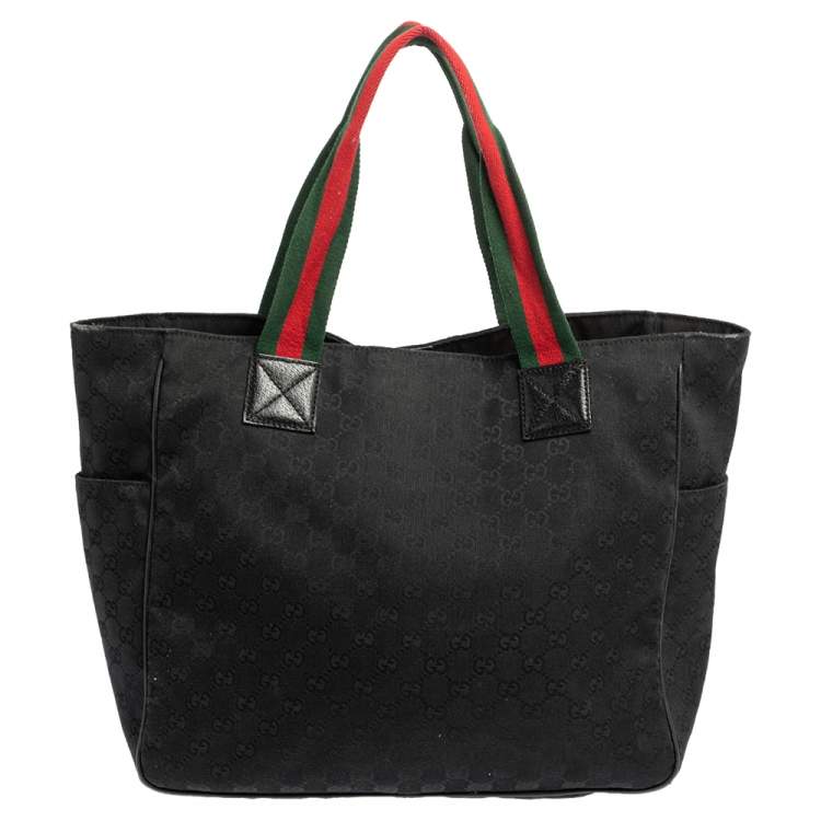 Pre Owned Gucci Black GG Canvas Double Pocket Web Handle Tote