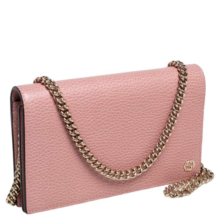 Pre Owned Gucci Pink Leather Interlocking G Continental Wallet on Chain