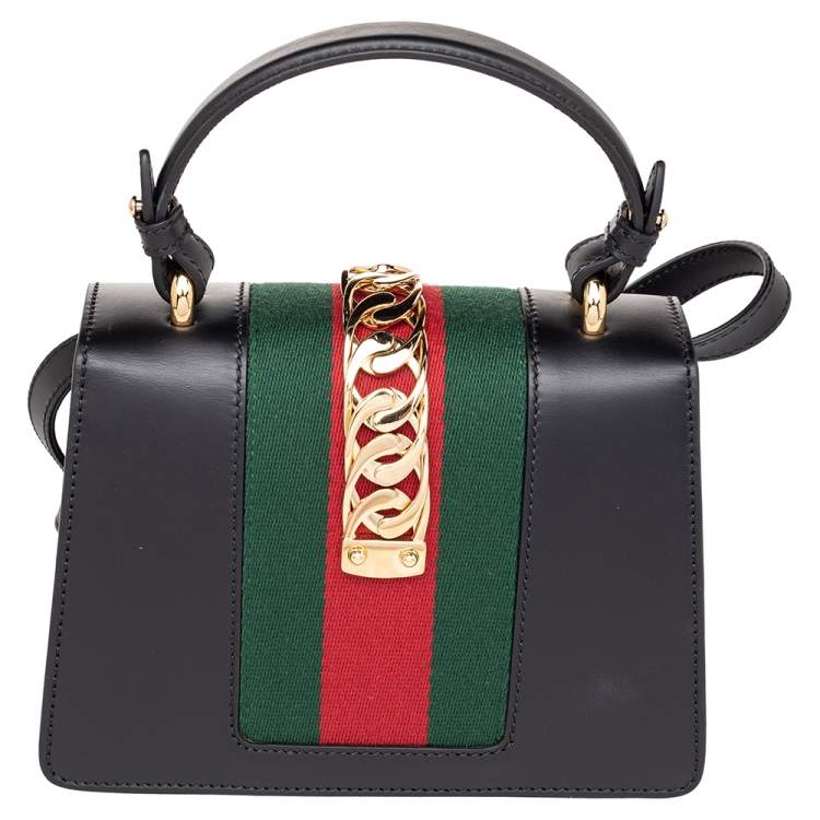 Pre Owned Gucci Black Leather Mini Sylvie Top Handle Bag