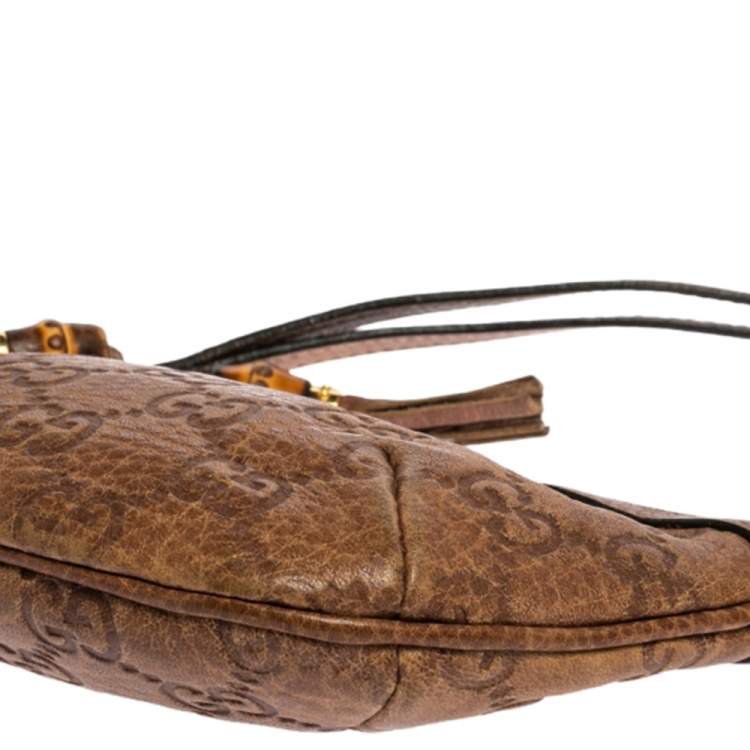 Pre Owned Gucci Brown Guccissima Leather Bamboo Wristlet Clutch