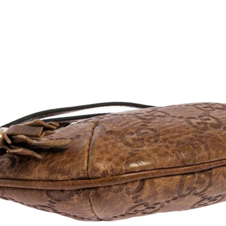 Pre Owned Gucci Brown Guccissima Leather Bamboo Wristlet Clutch