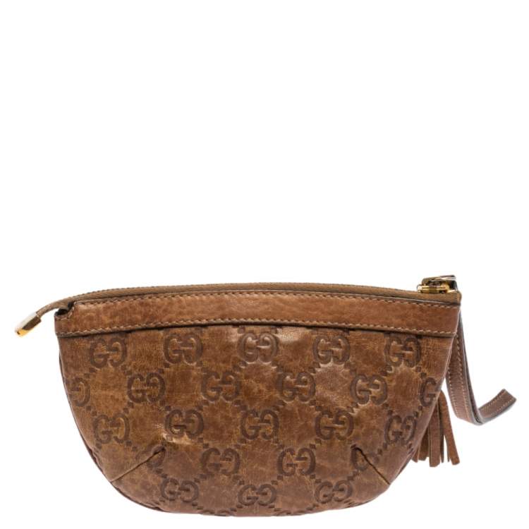 Pre Owned Gucci Brown Guccissima Leather Bamboo Wristlet Clutch