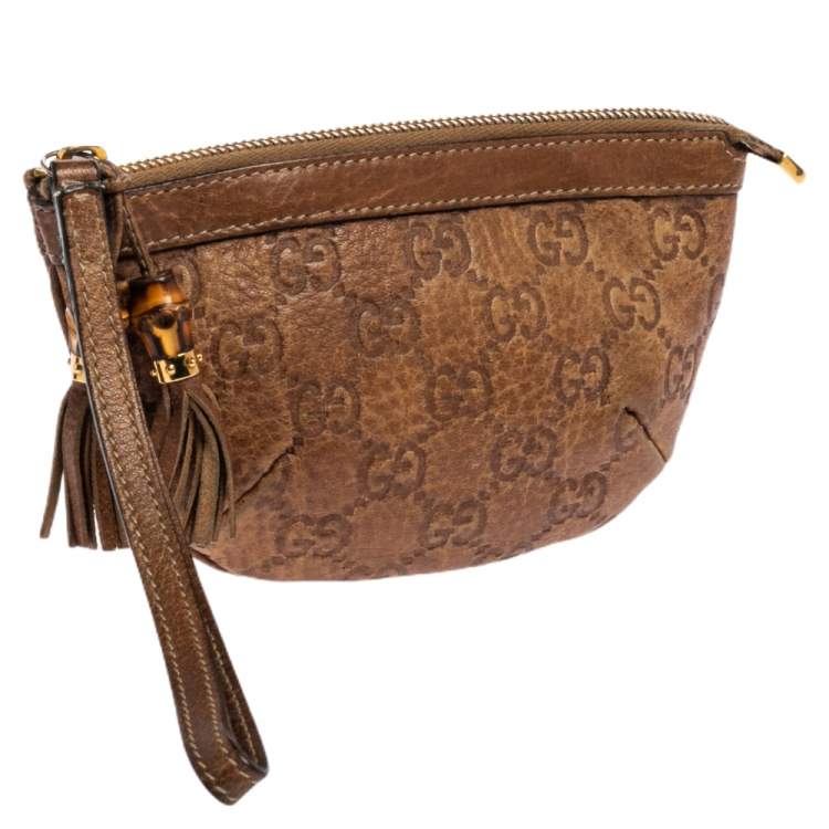Pre Owned Gucci Brown Guccissima Leather Bamboo Wristlet Clutch