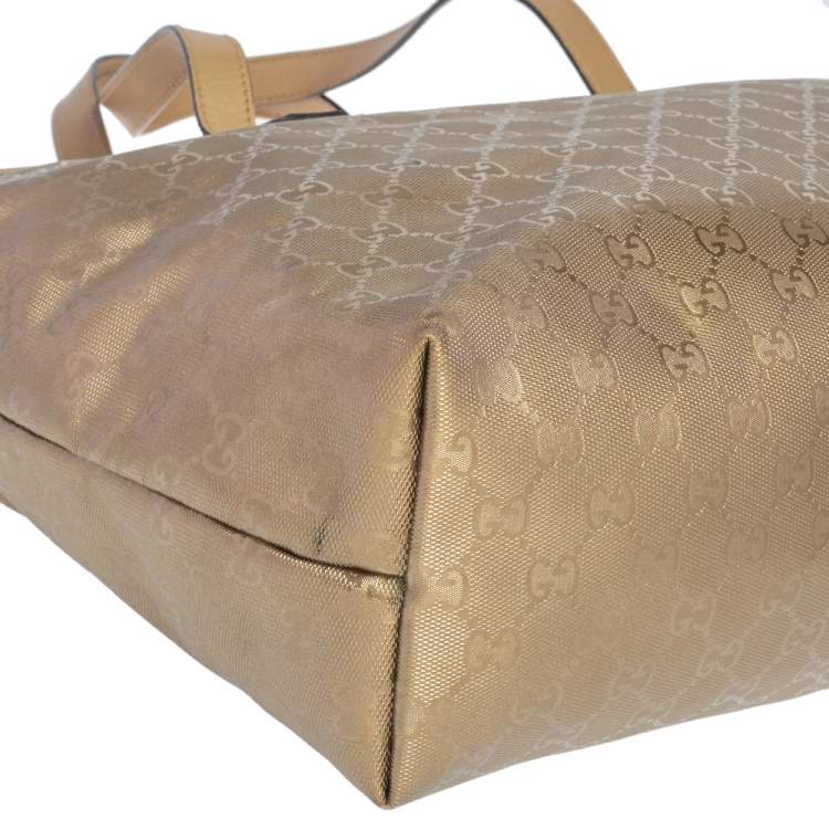 Pre Owned Gucci Gold GG Imprime Canvas and Leather Shopper Tote