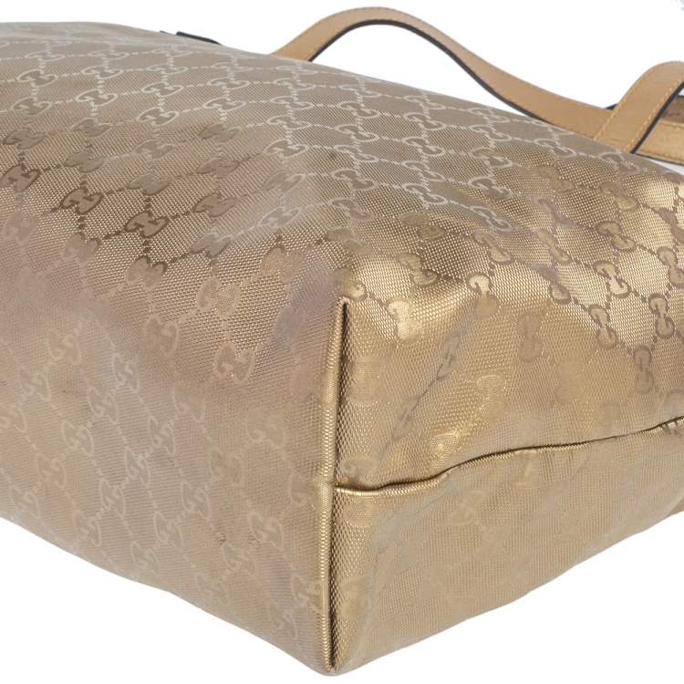 Pre Owned Gucci Gold GG Imprime Canvas and Leather Shopper Tote