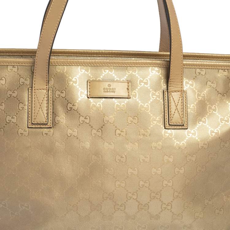 Pre Owned Gucci Gold GG Imprime Canvas and Leather Shopper Tote