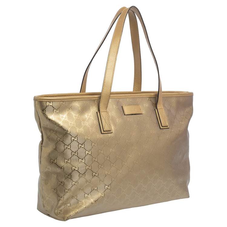 Pre Owned Gucci Gold GG Imprime Canvas and Leather Shopper Tote