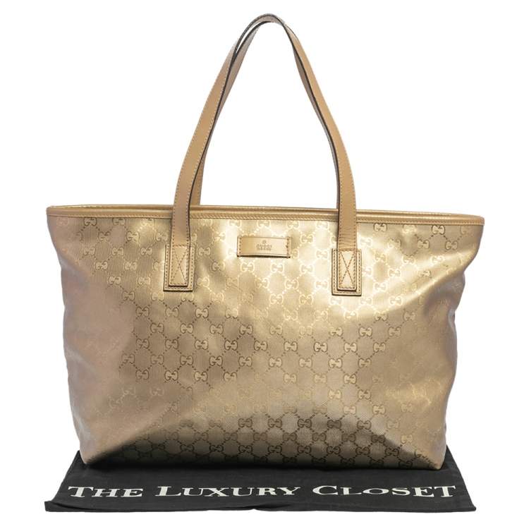 Pre Owned Gucci Gold GG Imprime Canvas and Leather Shopper Tote