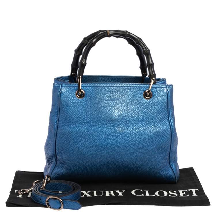 Pre Owned Gucci Metallic Blue Leather Small Bamboo Shopper Tote