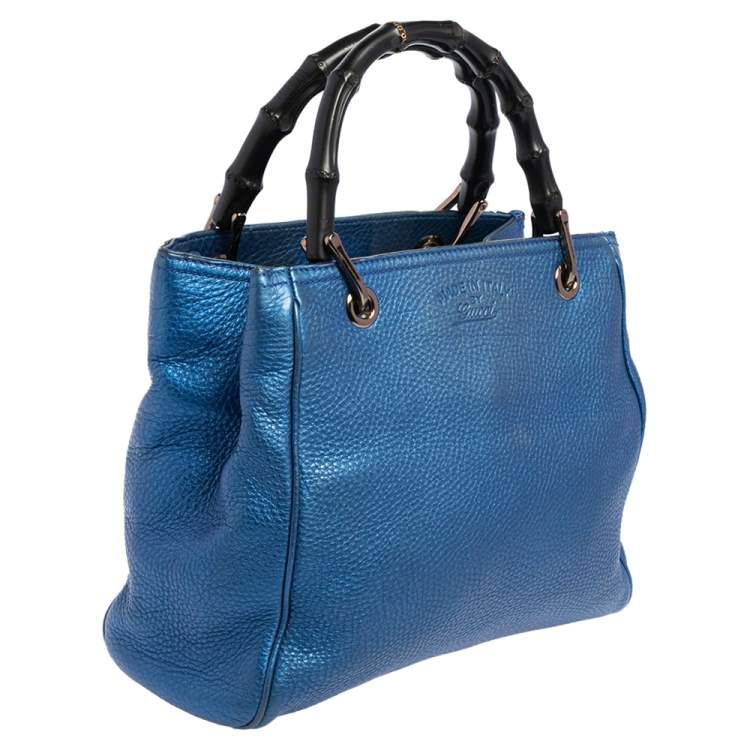 Pre Owned Gucci Metallic Blue Leather Small Bamboo Shopper Tote